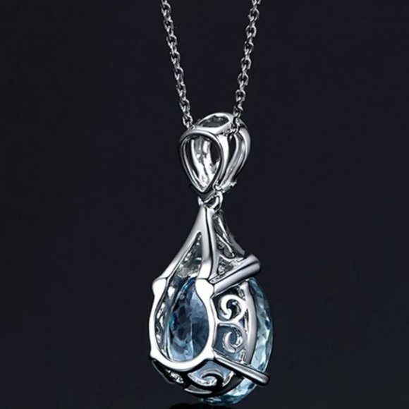 NEW Silver Blue Topaz Diamond Water Drop Necklace - Picture 3 of 8
